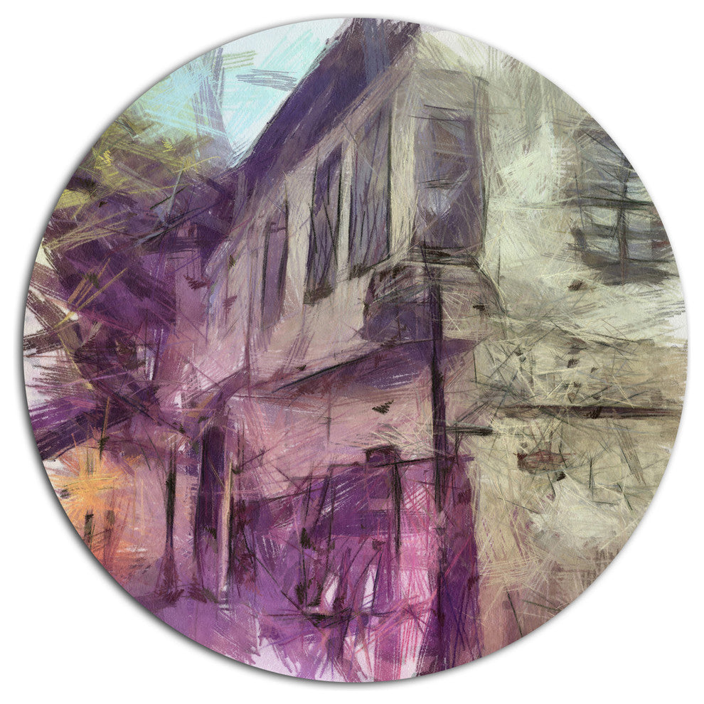 Old City Street Watercolor Sketch, Cityscape Round Wall Art, 36"