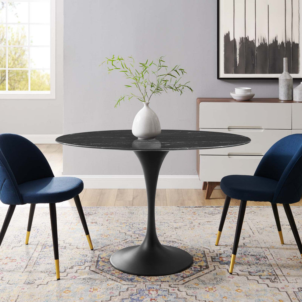Dining Table, Oval, Artificial Marble, Metal, Black, Modern, Bistro Restaurant