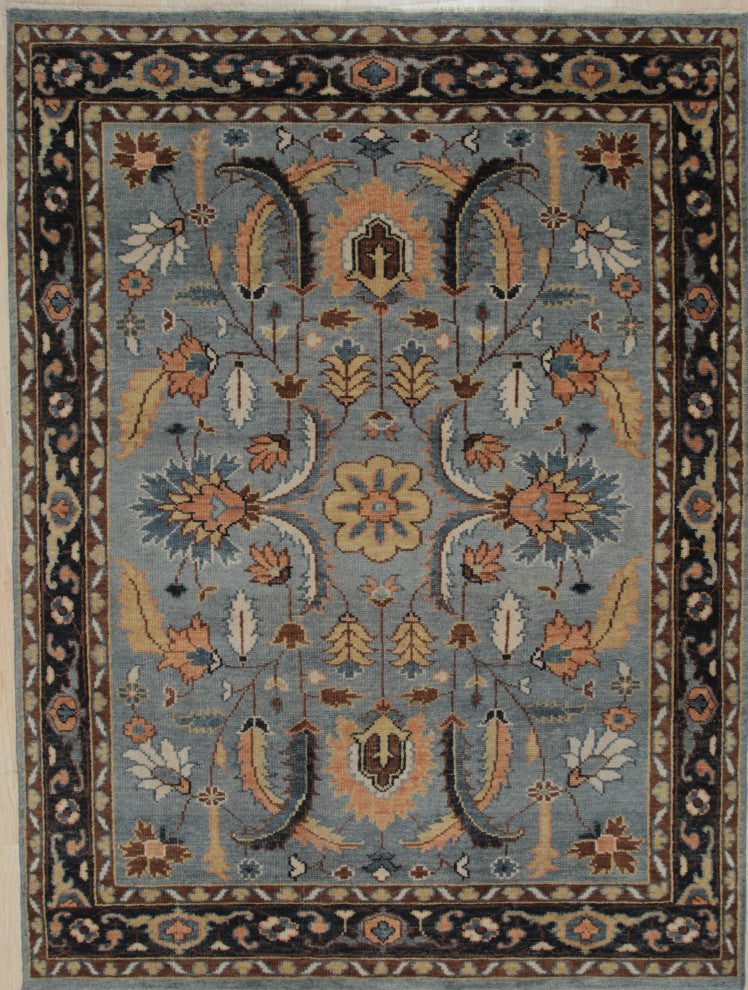 Hand-Knotted Wool Gray/Navy Traditional All Over Traditional Knot Rug, 7'6 X 9'6