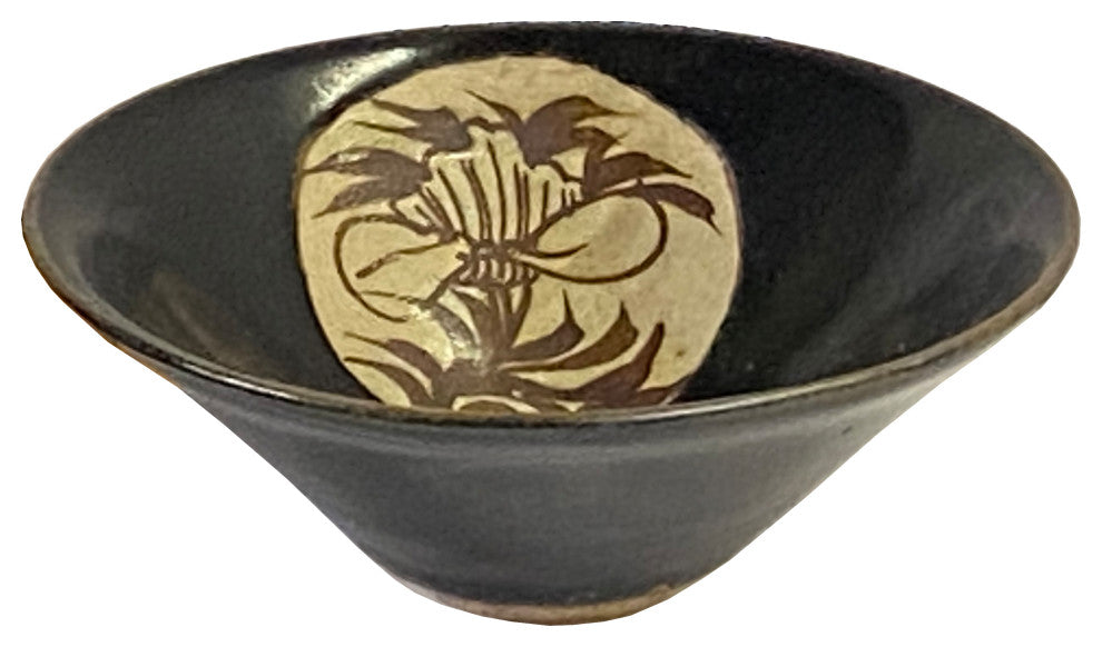 Chinese Ware Brown Black Glaze Flower Pattern Ceramic Bowl Cup Display Hws3147