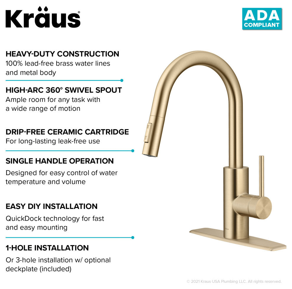 Oletto Pull-Down 1-Hole Kitchen Faucet, Spot Free Antique Champagne Bronze