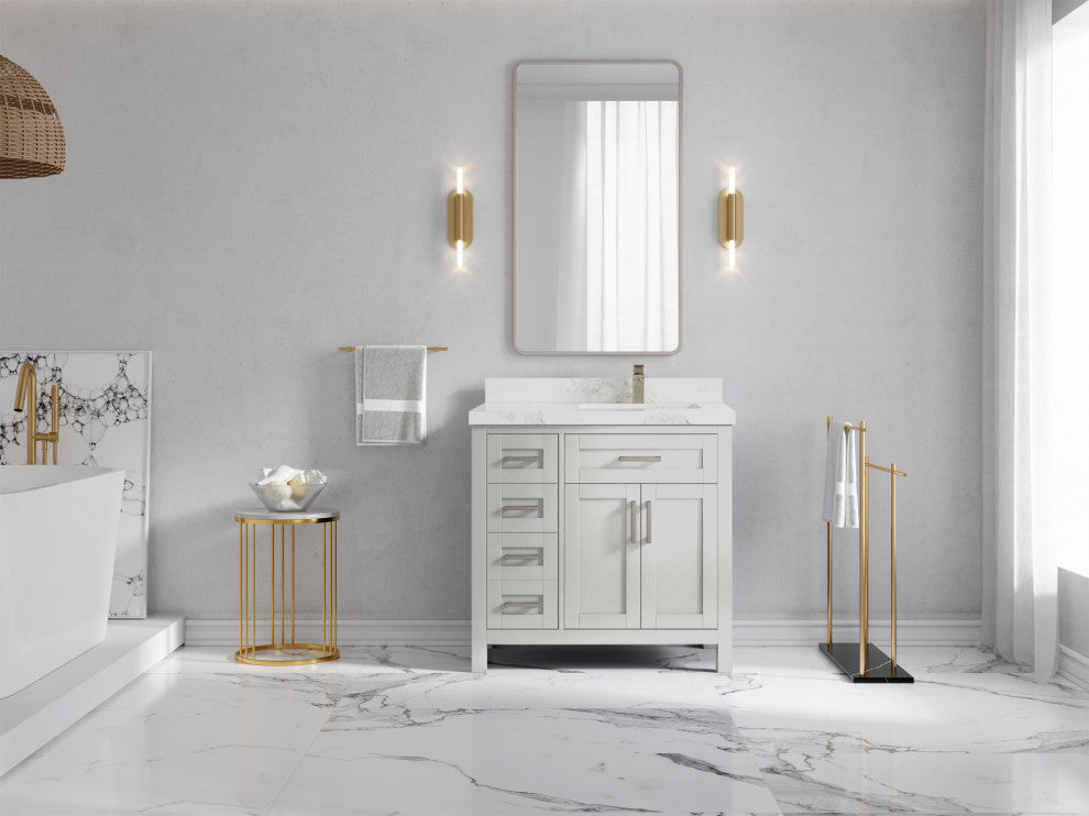 Cambridge 36 Right Offset Bath Vanity in Coventry Gray 2" Calacatta Nuvo