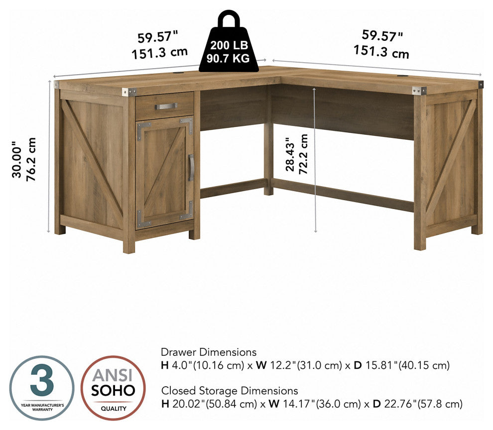 kathy ireland Cottage Grove 60" L Shaped Desk, Drawer & Cabinet, Reclaimed Pine