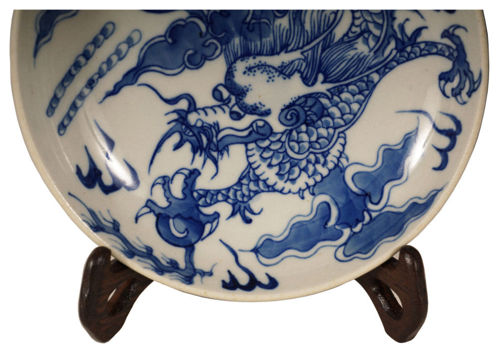 Consigned Vintage Chinese Blue and White Porcelain Dragon Plate