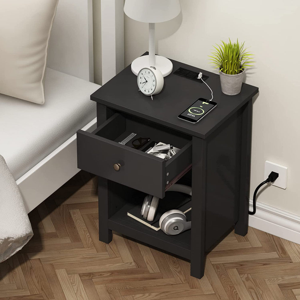 Nightstand with Charging Station, Drawer and Storage Space