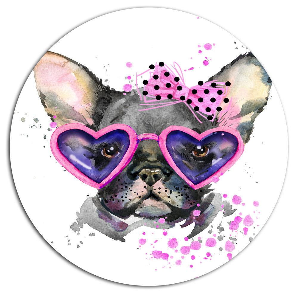 Cute Dog With Pink Glasses, Animal Large Disc Metal Wall Art, 11"