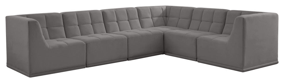 Relax Velvet Upholstered 6-Piece L-Shaped Modular Sectional, Grey
