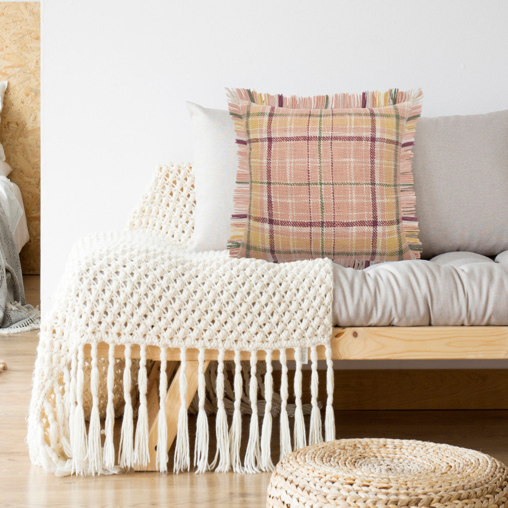 Berry Drew Plaid Throw Pillow with Fringe