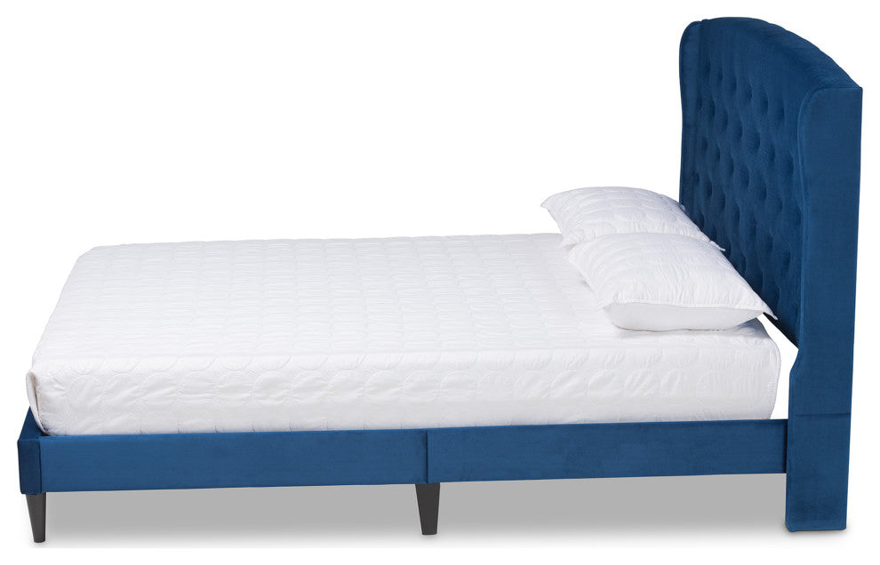 Neda Modern Upholstered Platform Bed, Navy Blue/Dark Brown, Queen