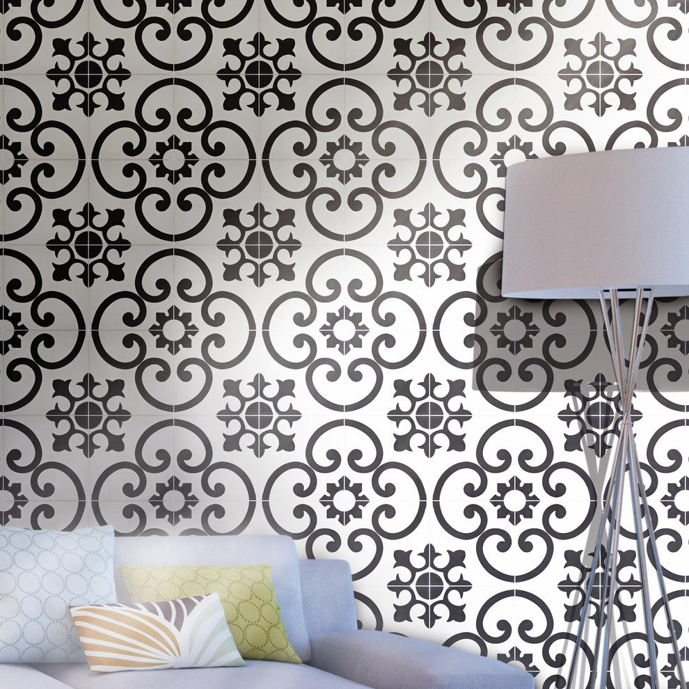 8"x8" Orika Handmade Cement Tile, White/Black, Set of 12