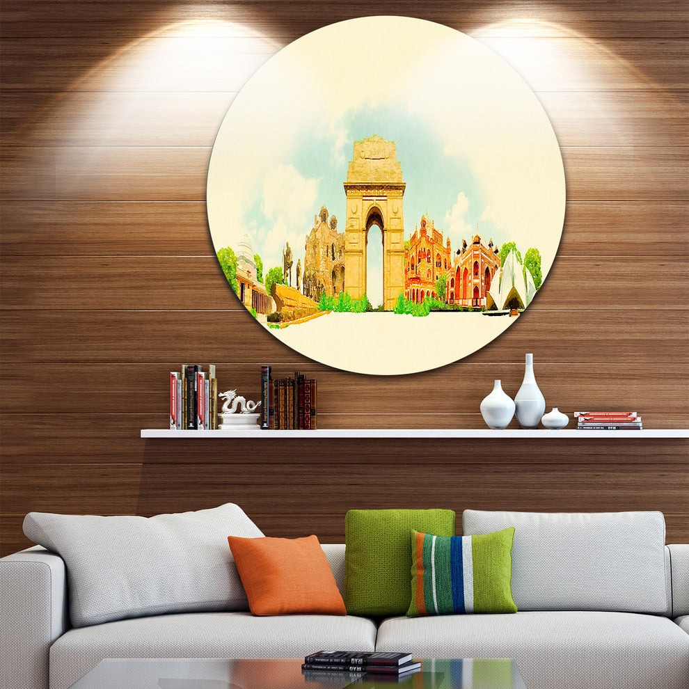 Delhi Panoramic View, Cityscape Watercolor Disc Metal Wall Art, 23"