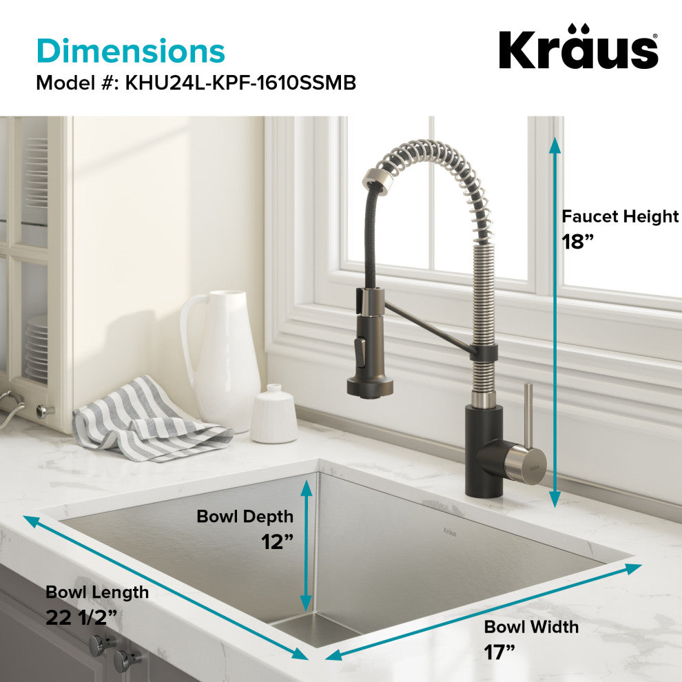 24" Undermount Stainless Steel Kitchen Sink, Pull-Down Faucet SSMB w Dispenser