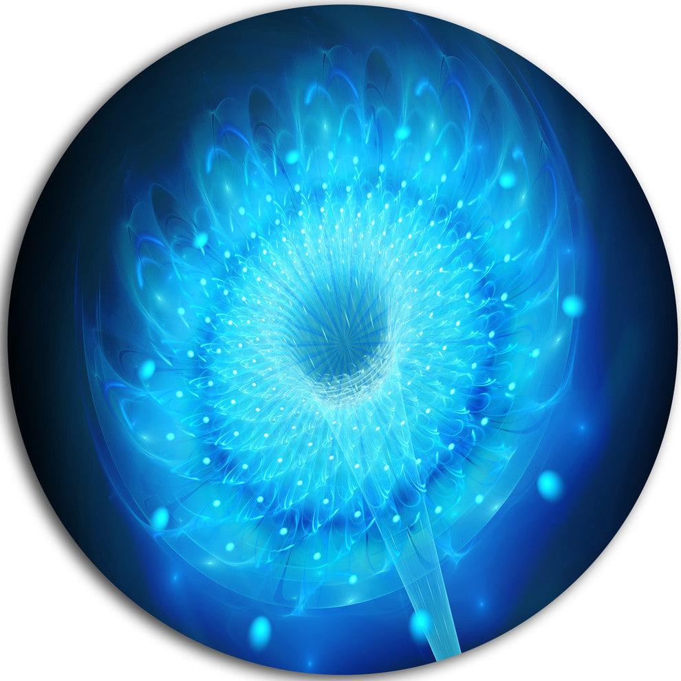 Glowing Blue Fractal Flower On Black, Floral Round Wall Art, 23"