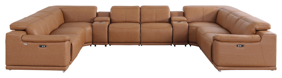 Federico10-Piece Top Grain Italian Leather Sectional-4 Power Recliners, Cognac