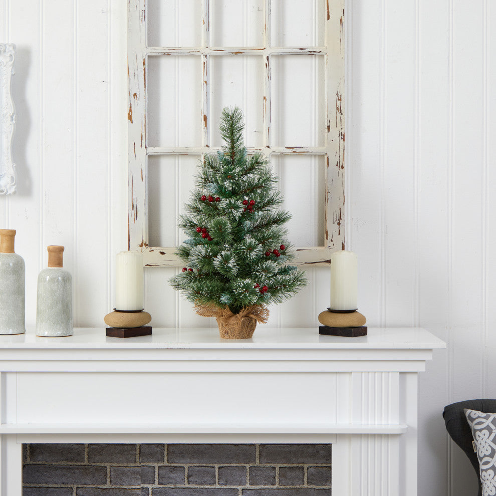 2' Snow Tipped Pine & Berry Faux Xmas Tree W/Warm White LED Lights, Burlap Base