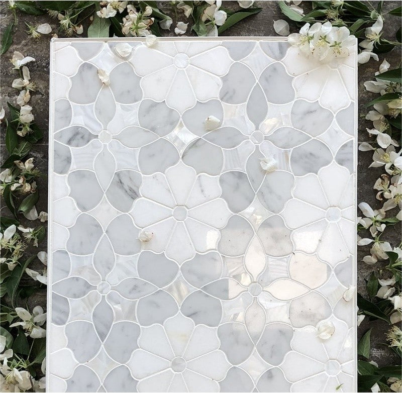 Dahlia Thassos, Carrara, and Mother of Pearl Waterjet Mosaic
