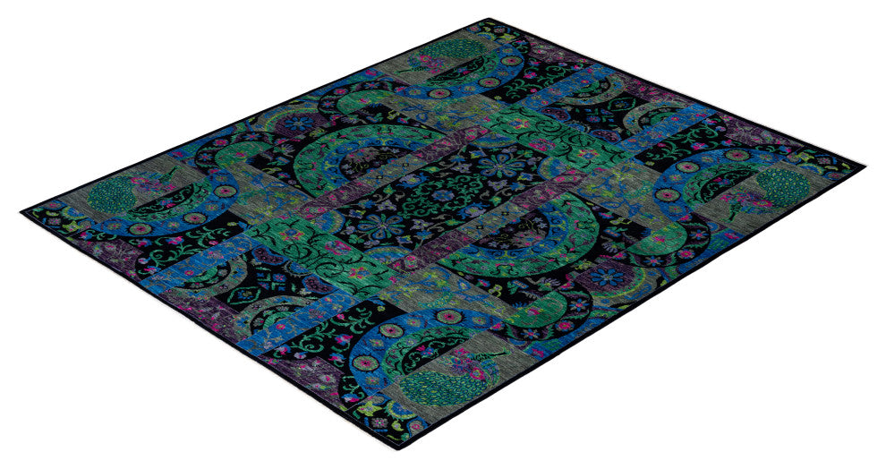 Suzani, One-of-a-Kind Hand-Knotted Area Rug Black, 8' 1" x 10' 0"
