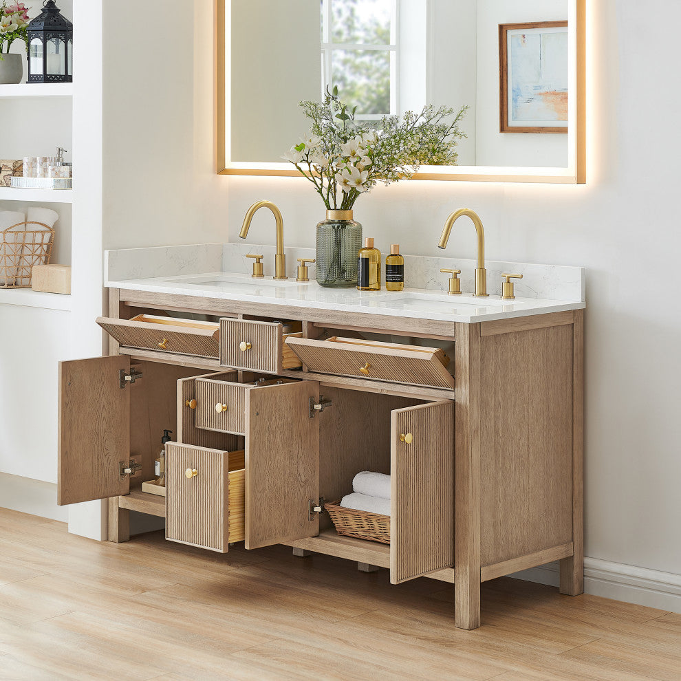 Cerrito Bathroom Vanity, Natural Oak, 60" Double, Without Mirror