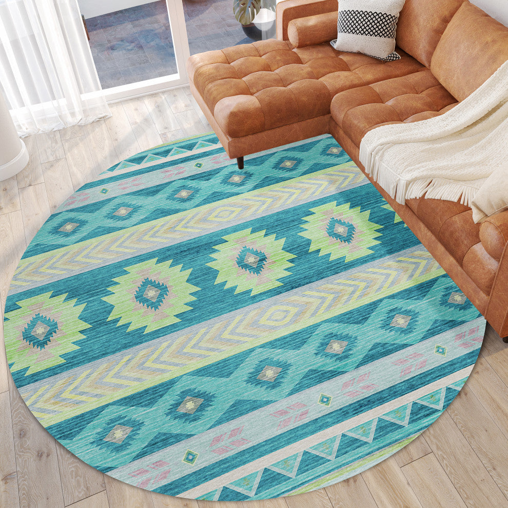 Indoor/Outdoor Phoenix PH3 Teal Machine Washable 8' x 8' Round Rug