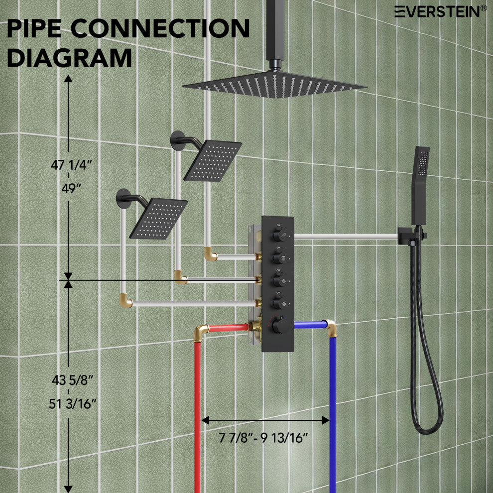 Triple Shower System 16" Rainfall Dual Shower Head with Thermostatic Valve, Matte Black