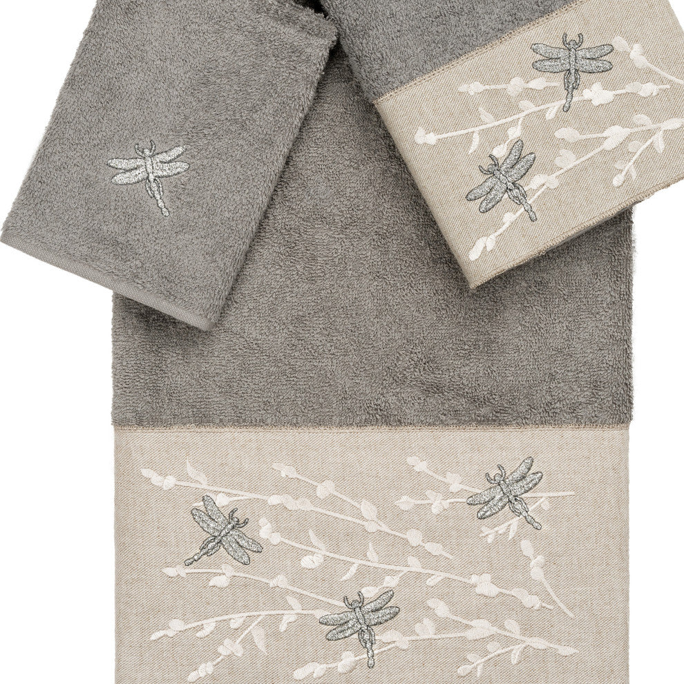 Linum Home Turkish Cotton Braelyn 3-Piece Embellished Towel Set, Dark Gray