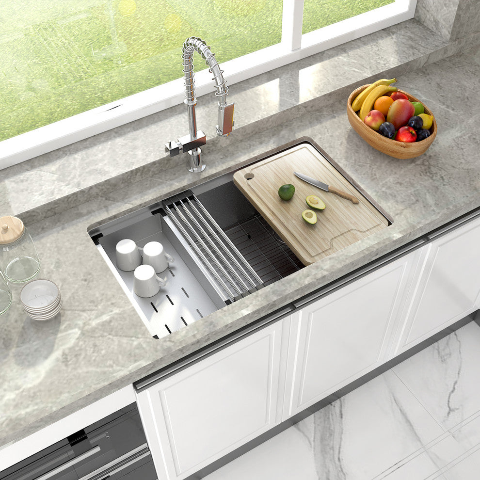 Sinber Single Bowl Kitchen Sink with 304 Stainless Steel Satin Finish, 30"x19" Workstation, Undermount