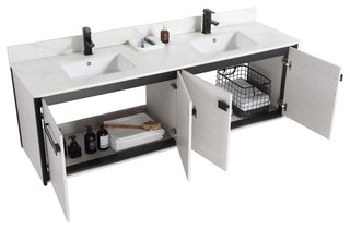 Oakville Wall Mount Bathroom Vanity, Mild Grey Oak, 72", Black Hardware