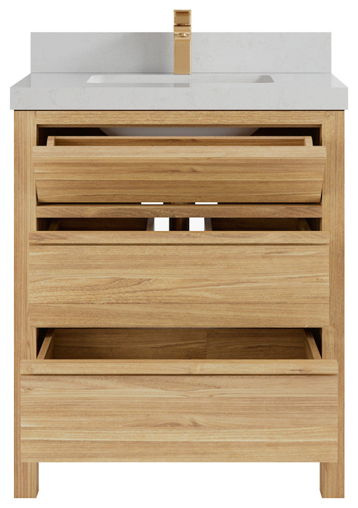 Elizabeth 30 Single Sink Bath Vanity in Light Natural Teak 2" Carrara Quartz
