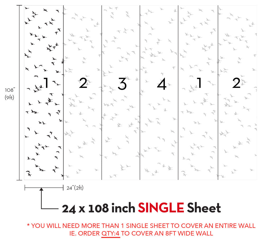 Soaring Birds Peel and Stick Vinyl Mural, Black, 24"x108", Single