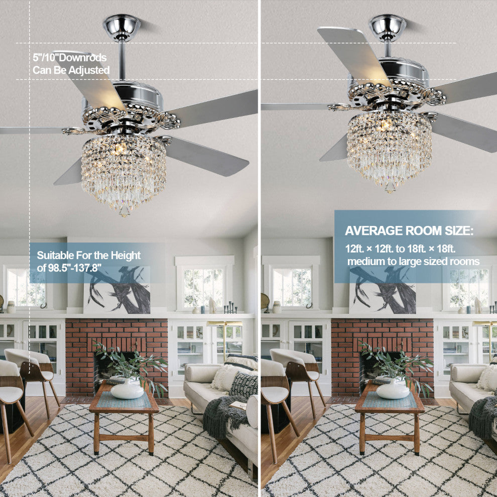 52"  Chrome Chandelier Ceiling Fan, Pull Chain Ceiling Fan with Remote Control