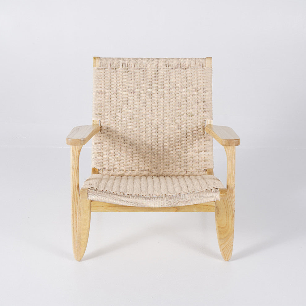 Japandi Wood Outdoor Patio Lounge Chair Armchair Kraft Paper Rope Woven Seat