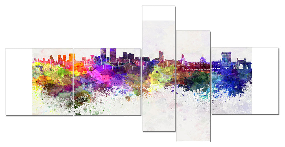 Mumbai Skyline, Cityscape Canvas Wall Art Print, 60"x32", 5 panels