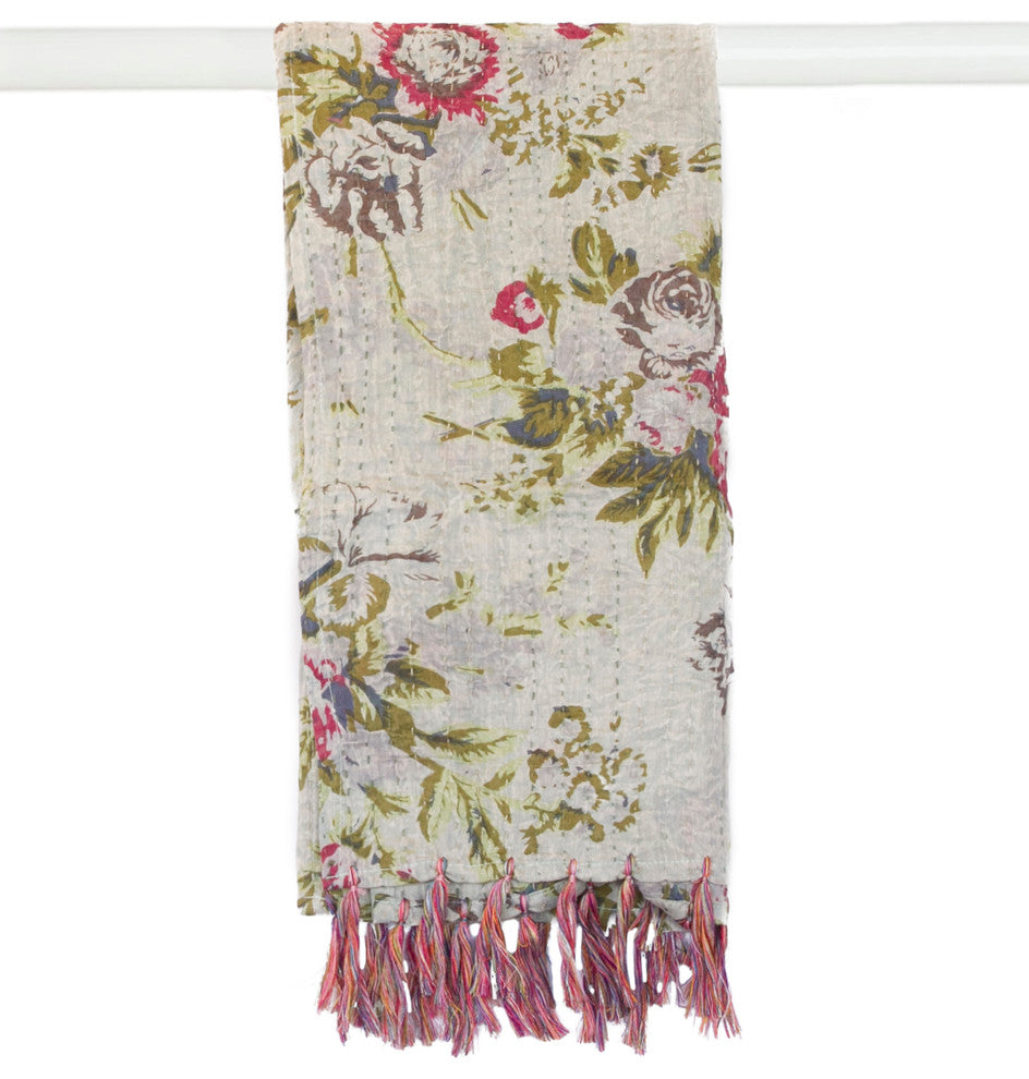 Kantha Cotton Bed Runner 23"x72", Gray/Green/Burgundy