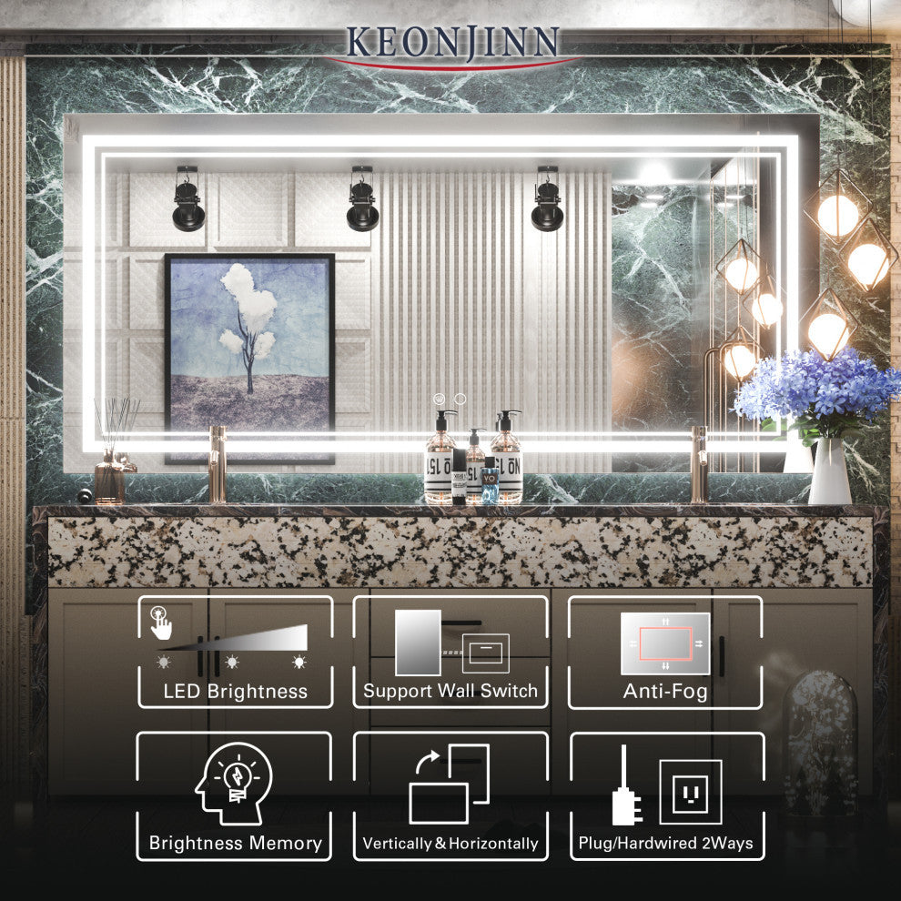 LED Bathroom Mirror, Anti-Fog Memory Dimmable IP54 Waterproof, 60"x28"