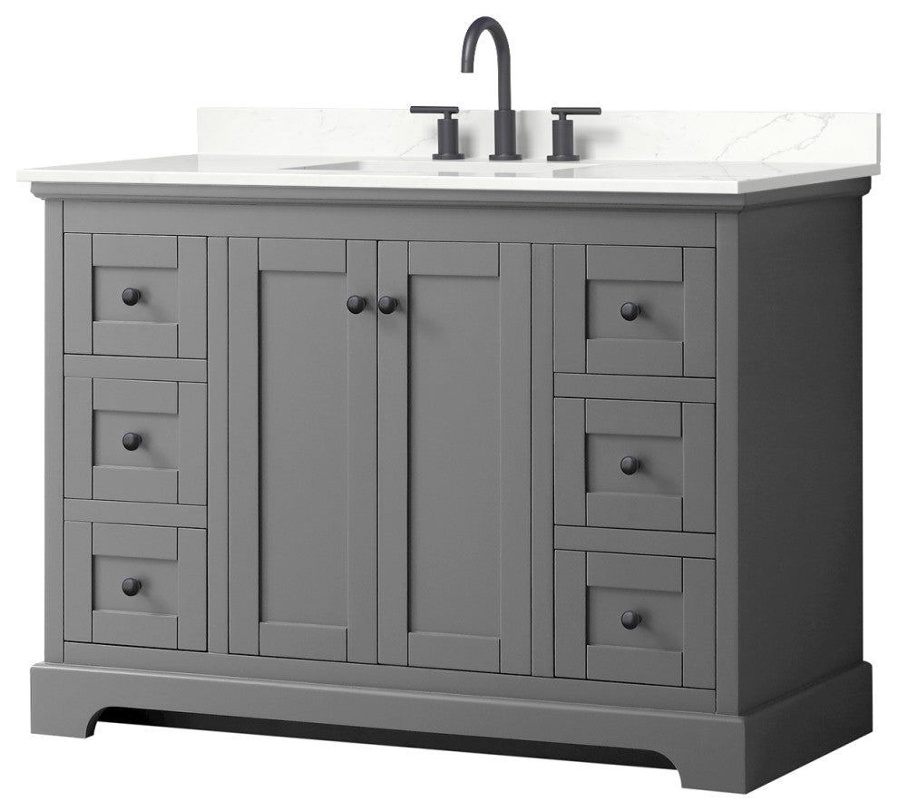 Avery 48" Dark Gray Single Vanity, Giotto Quartz Top (3-Hole), Black Trim
