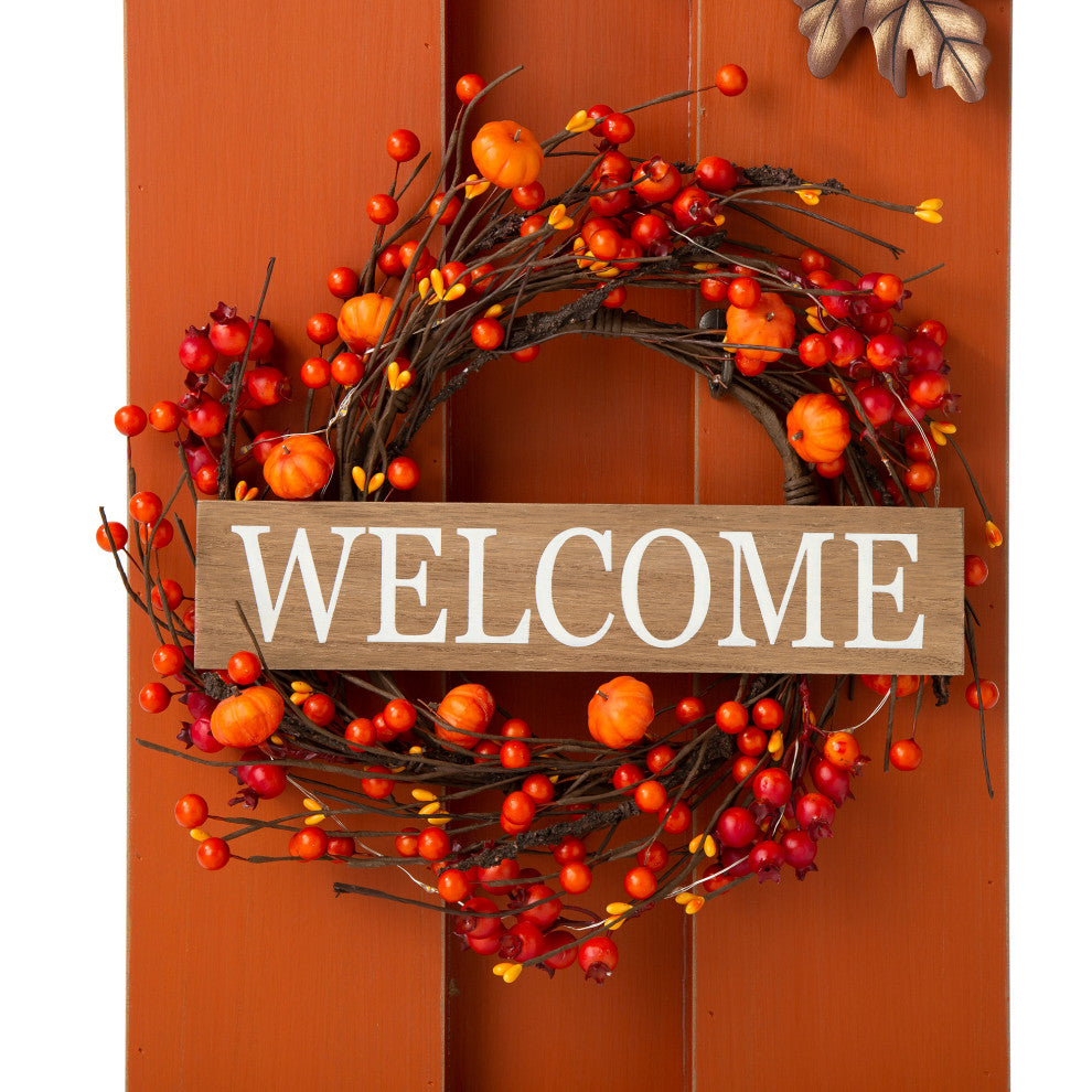 30"H Fall Lighted Wooden Pumpkin Decor WithWreath