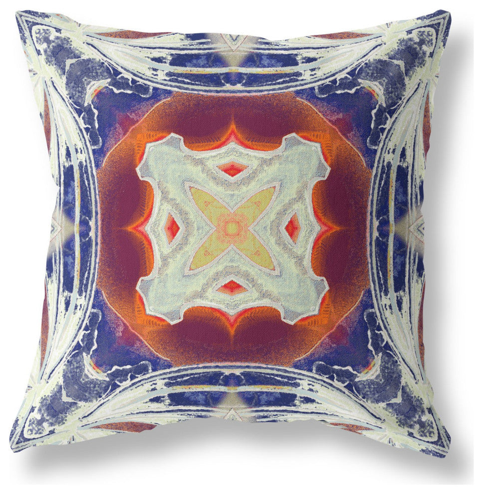 20" Indigo White Geo Tribal Indoor Outdoor Throw Pillow