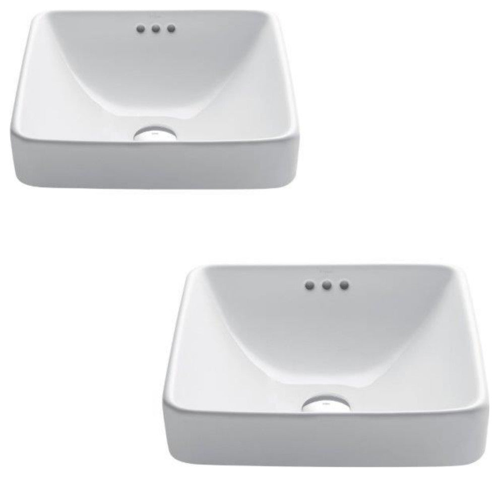 Elavo Square Ceramic Semi-Recessed White Bathroom Sink, Pack of 2
