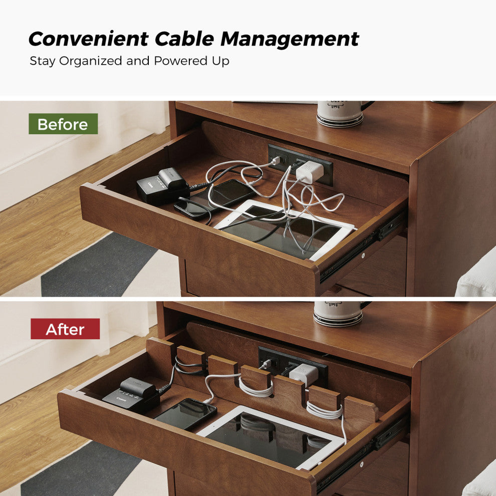Mid-Century Modern 3-Drawer Nightstand With Charging Station, Walnut