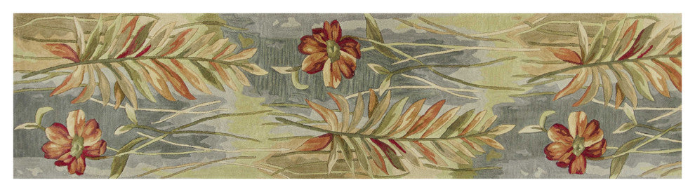 HomeRoots 10' Green Blue Hand Tufted Tropical Plants Indoor Runner Rug