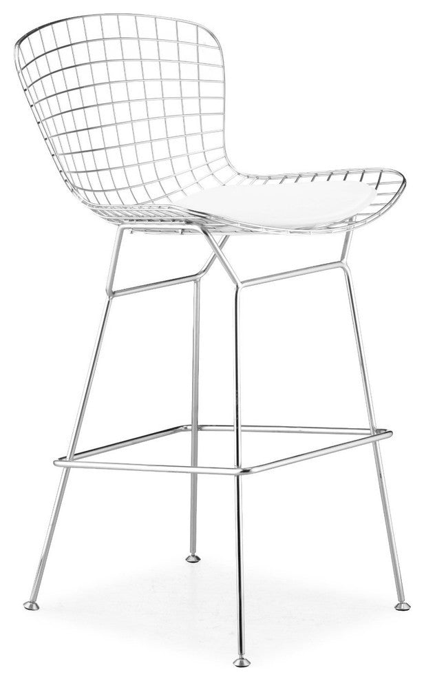Chromed Steel Wire Frame Bar Height Chair, Single Pack, White Seat