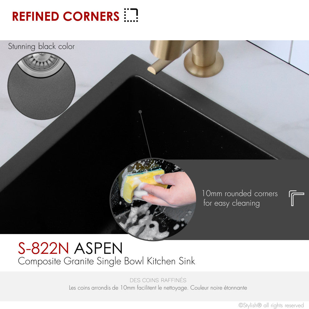 Dual Mount 22" Single-Bowl Black Granite Kitchen Sink with Strainer