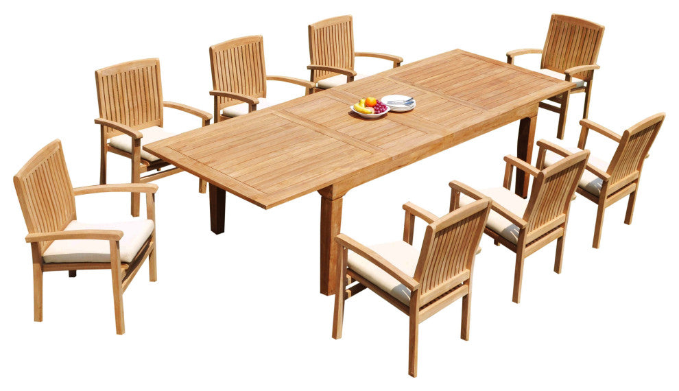 9-Piece Outdoor Teak Dining Set: 122" Rectangle Table, 8 Wave Stacking Arm Chair