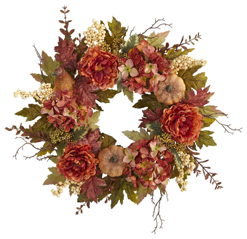 Nearly Natural 24ï¿½ Peony, Hydrangea and Pumpkin Fall Artificial Wreath