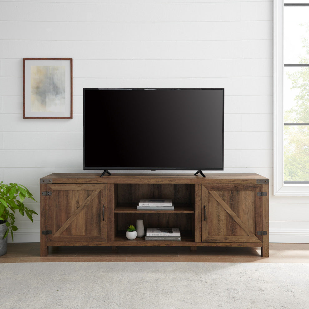 70" Farmhouse TV Stand with Barn Doors, Rustic Oak