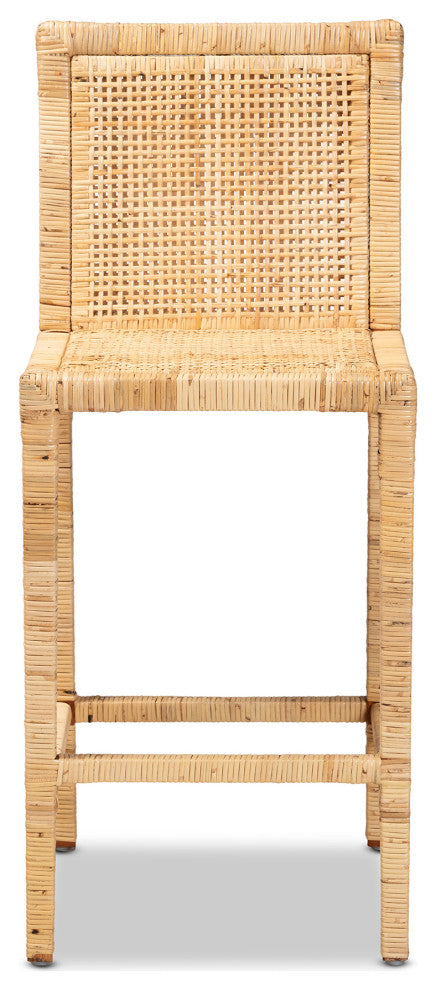 Sofia Modern and Contemporary Natural Finished Wood and Rattan Counter Stool