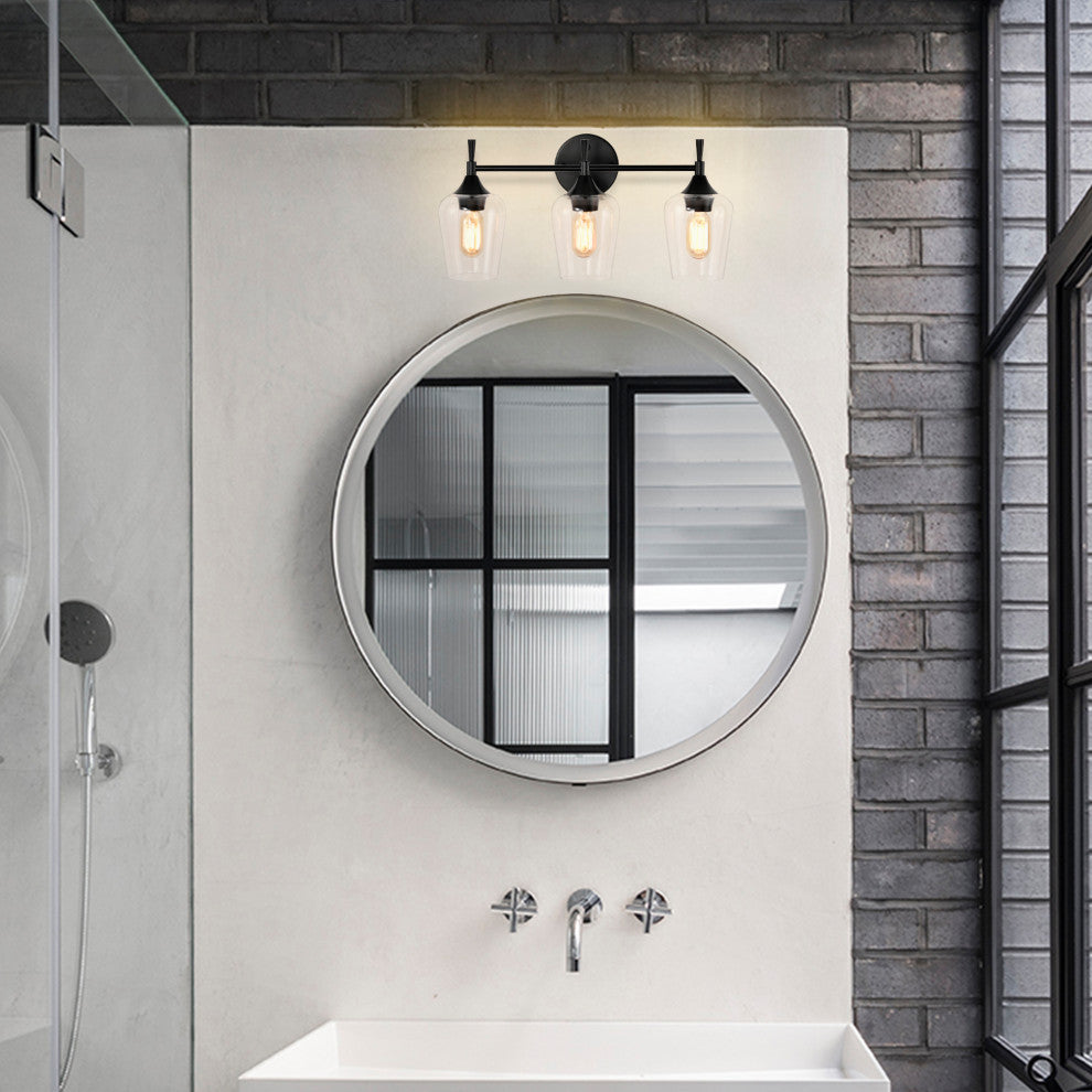 21 in. 3-Light Matte Black Vanity Light With Clear Wine Glass Shades