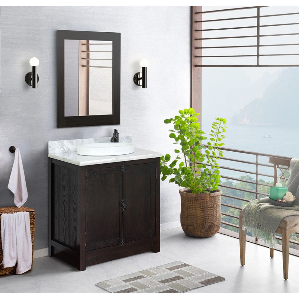 30" Single Vanity, Brown Ash, White Carrara Top, Round Sink