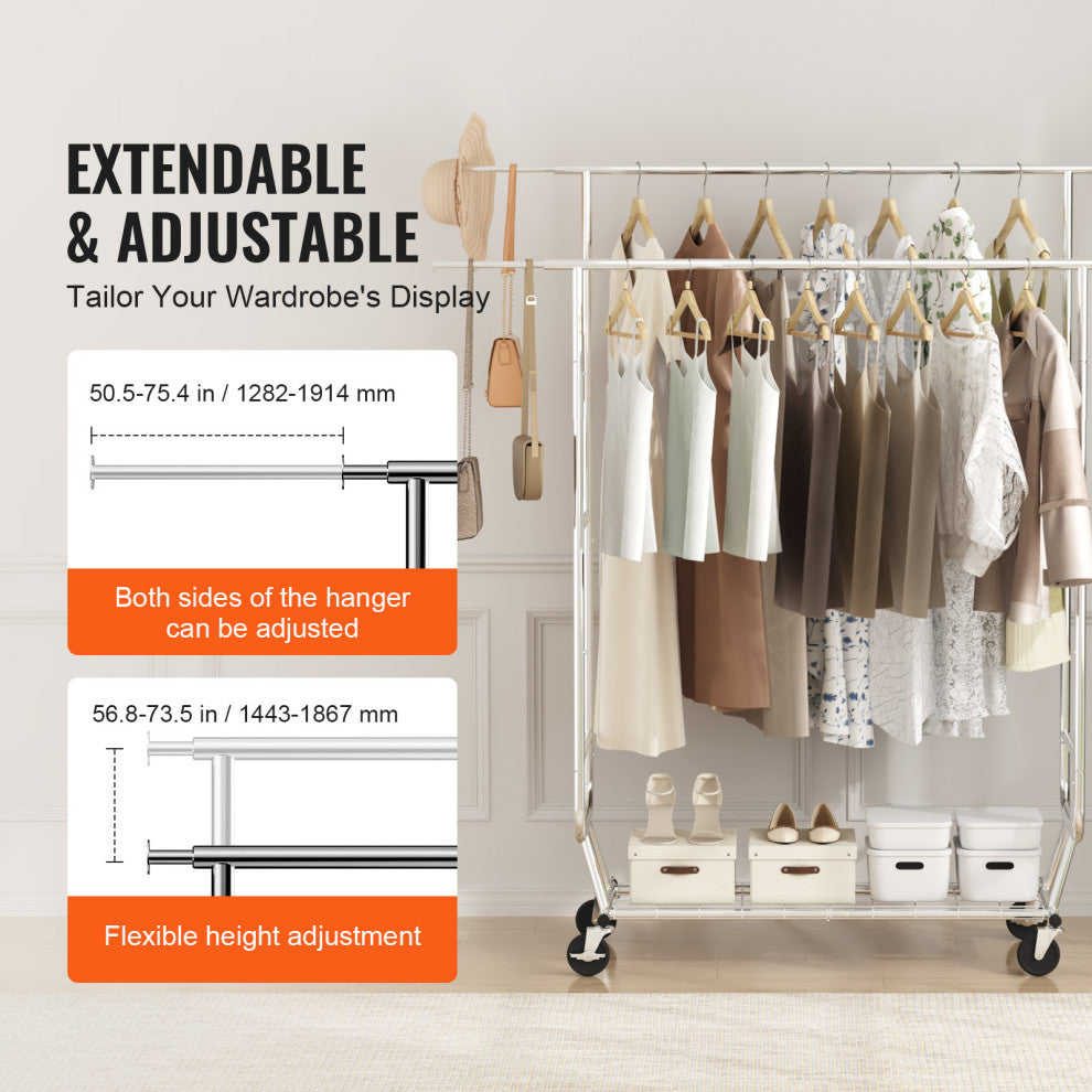VEVOR Clothes Rack Heavy Duty Clothing Garment Rack Double Hanging Rod 600 lbs
