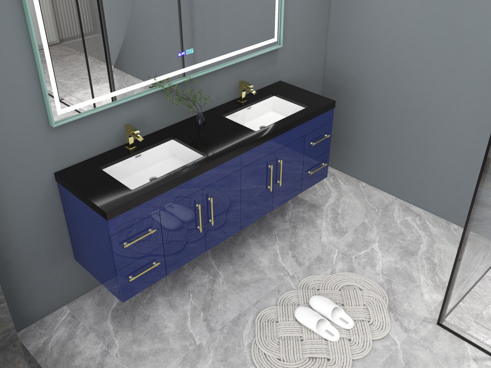 Rosa 72" Wall Mounted Modern Vanity, High Gloss Night Blue, Matt Black Top